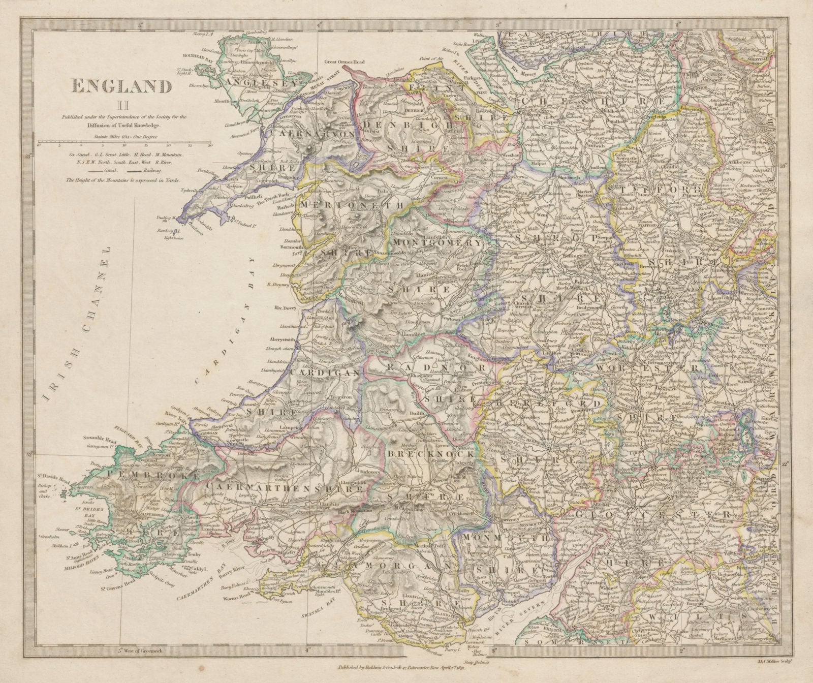 WALES & ENGLAND WEST MIDLANDS. Showing counties. Original colour SDUK 1844 map